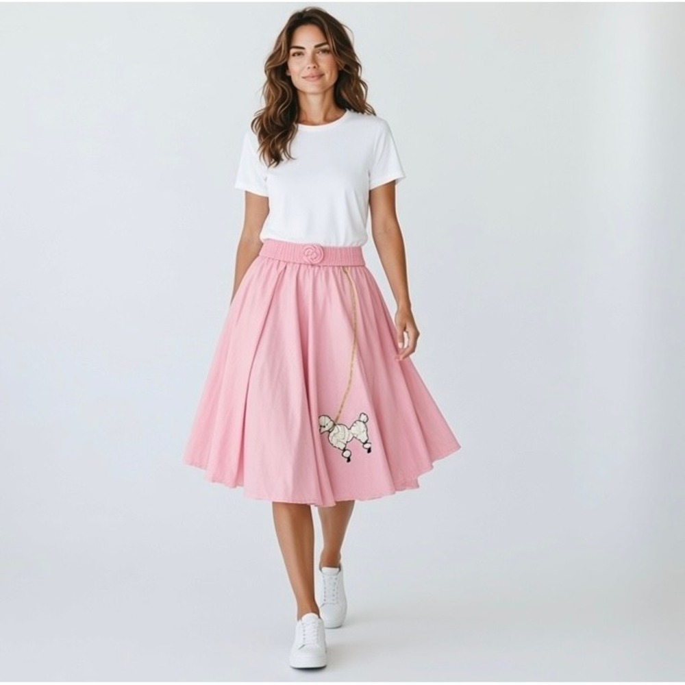 Vintage 50s Style Pink Poodle Circle Skirt Womens M L Doo Wop Costume Rockabilly